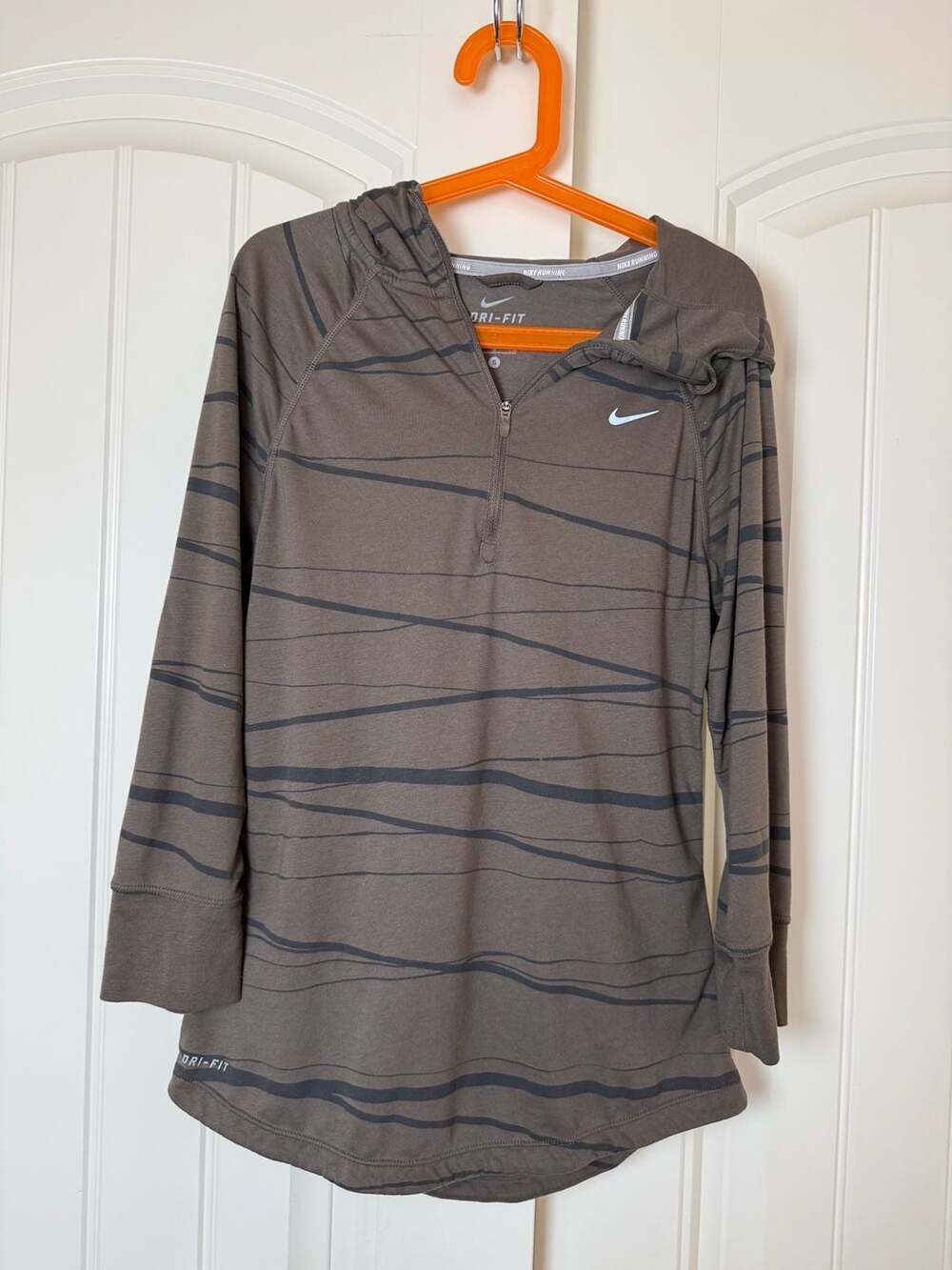 Nike Dri-FIT Running Long Sleeve Hoodie with Zip Neck, Grey with Black Stripes,